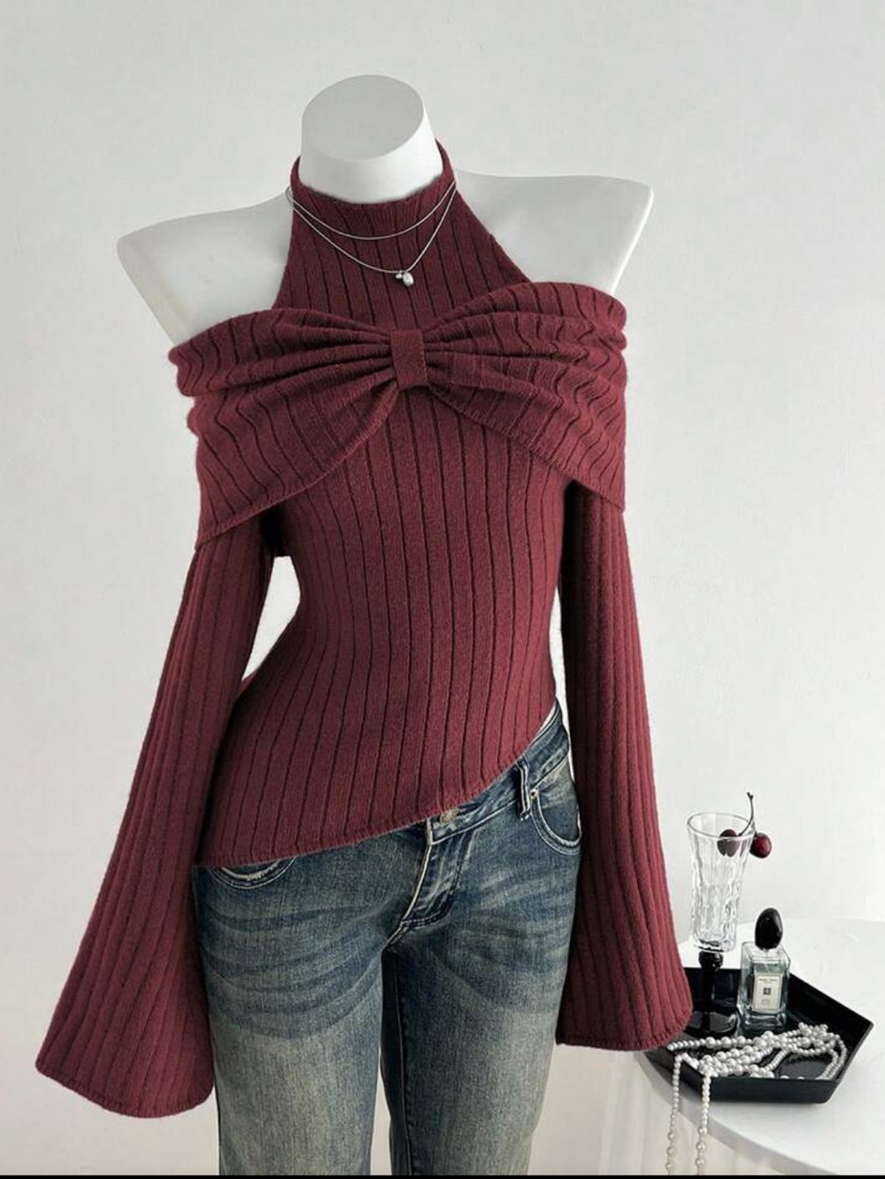 NWT Burgundy Asymmetrical Tie Back Knit Top/Sweater - SMALL AND MEDIUM